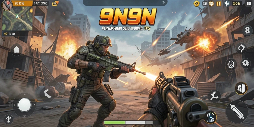 Tampilan seru pertempuran dalam game 9N9N dengan aksi TPS yang menyenangkan.
