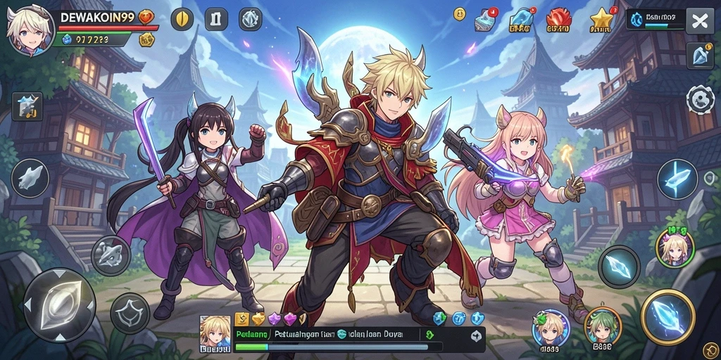 Tampilan gameplay DEWAKOIN99 yang penuh warna dan karakter menarik.