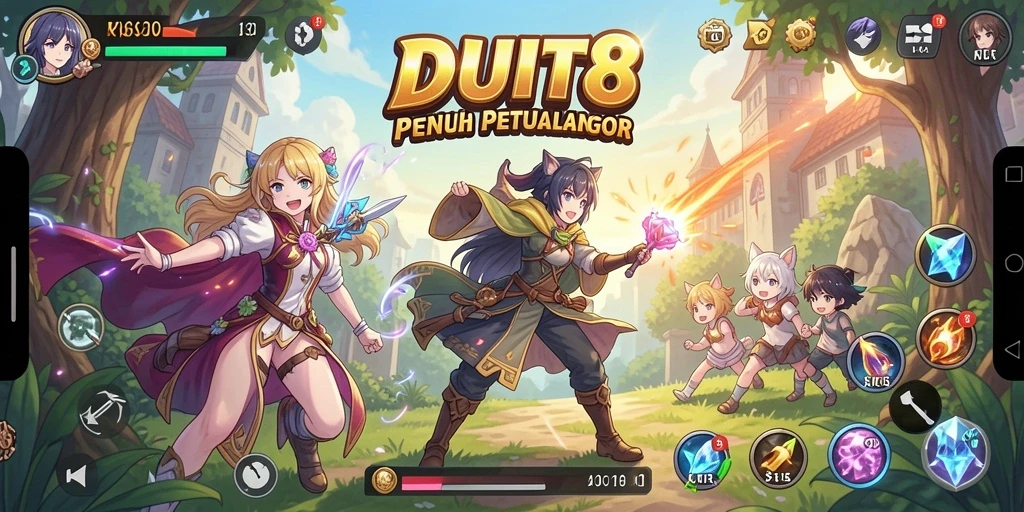 Tangkapan layar permainan DUIT8 menampilkan karakter anime yang beraksi.