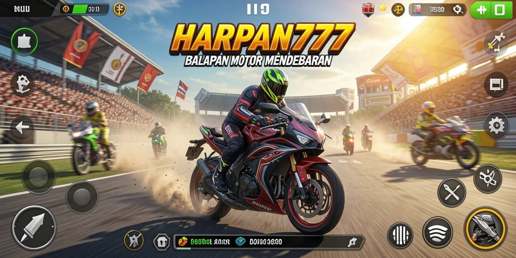 Gameplay seru dari HARAPAN777 dengan motor balap di lintasan.