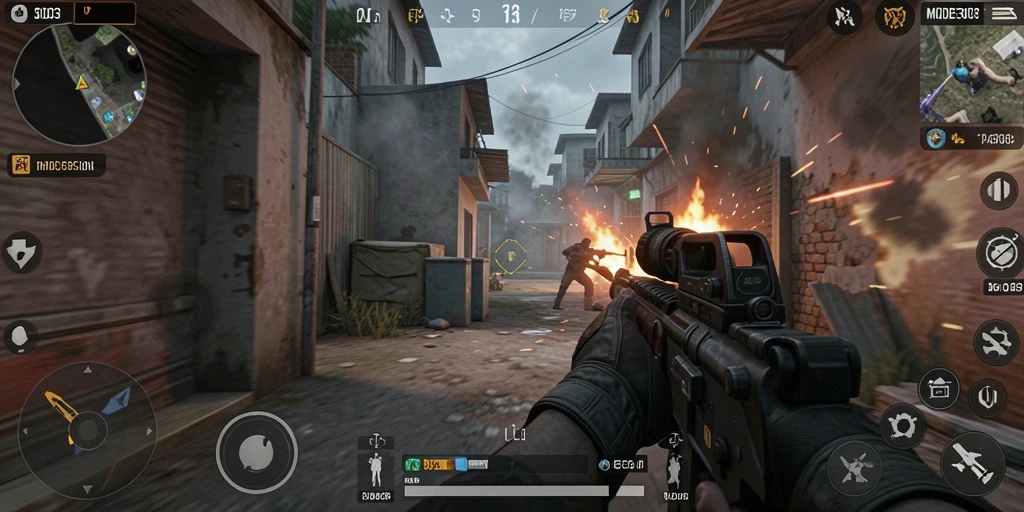 Screenshot gameplay MODE303 menampilkan aksi FPS yang seru.