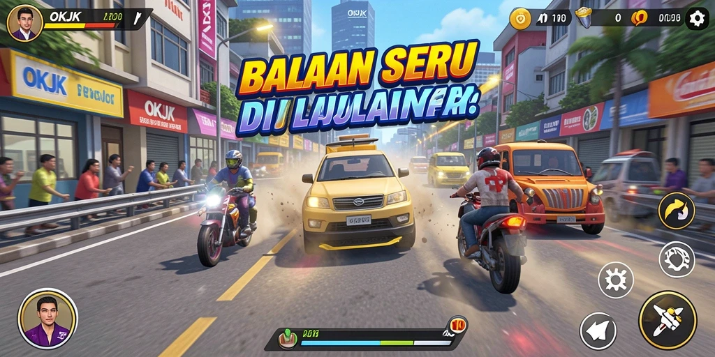 Screenshot gameplay OKJK menampilkan mobil balap melaju kencang di jalur yang menantang.