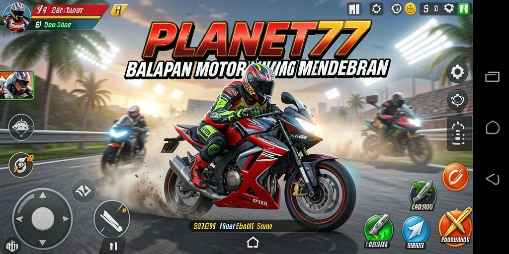 Screenshot gameplay PLANET77 yang menunjukkan balapan motor yang seru.