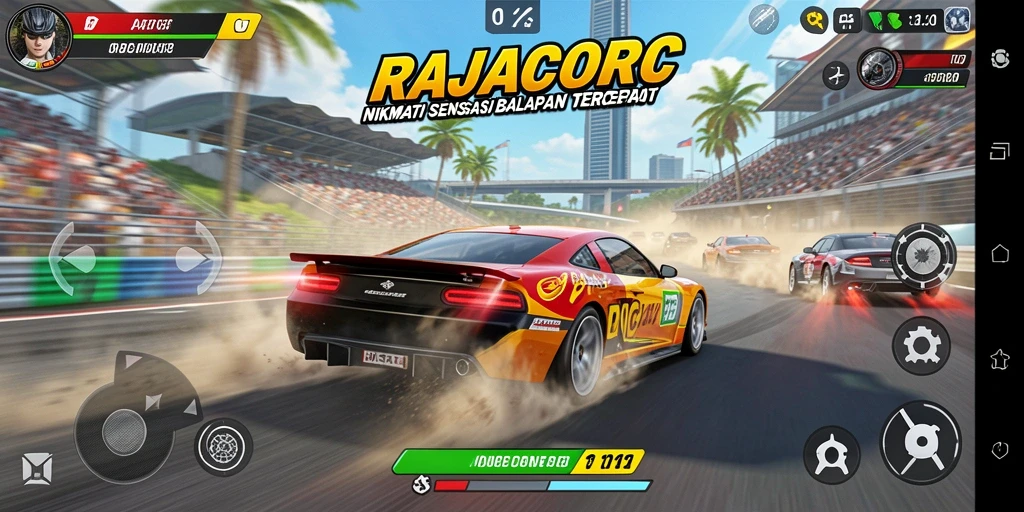 Screenshot menampilkan gameplay seru balapan RAJACORC.