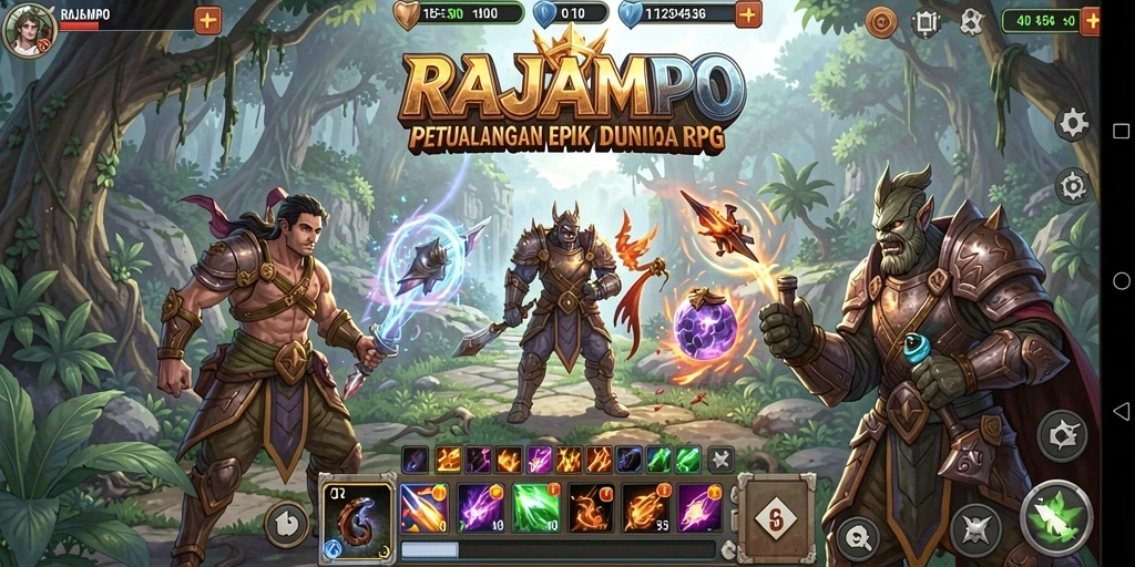 Gameplay RAJAMPO yang menampilkan pertarungan epik dan petualangan menarik.
