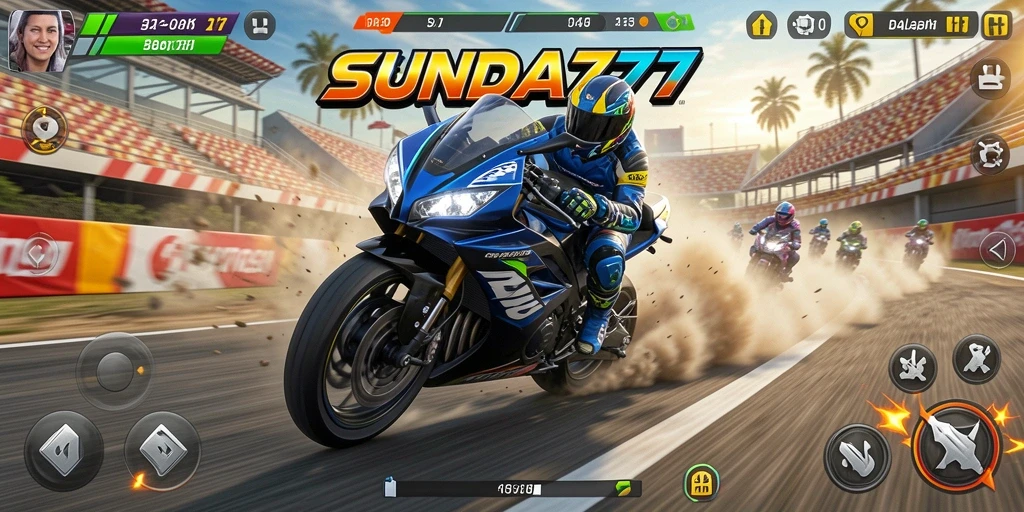 Tampilan gameplay SUNDA777 yang mendebarkan dalam balapan motor.