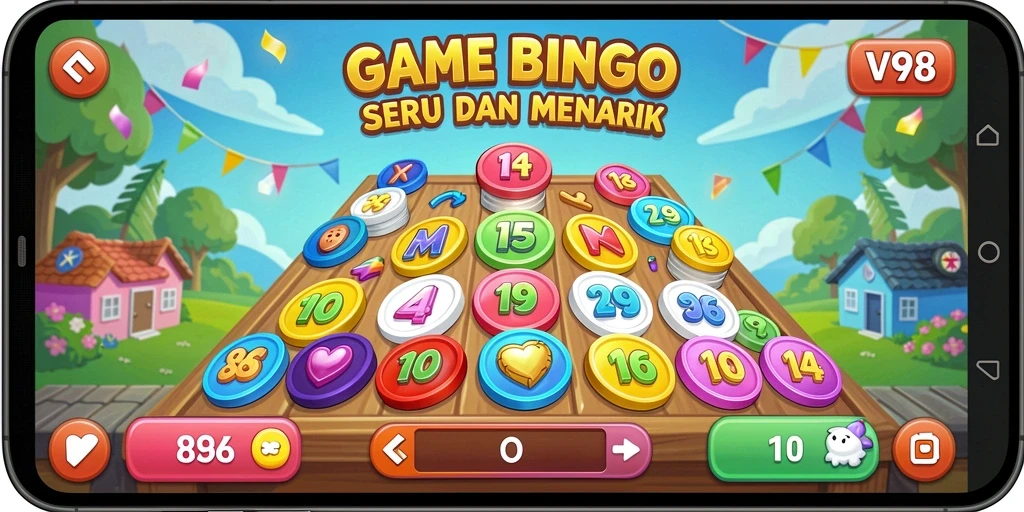 Tampilan gameplay V98 yang penuh warna dan menarik saat pertandingan Bingo.